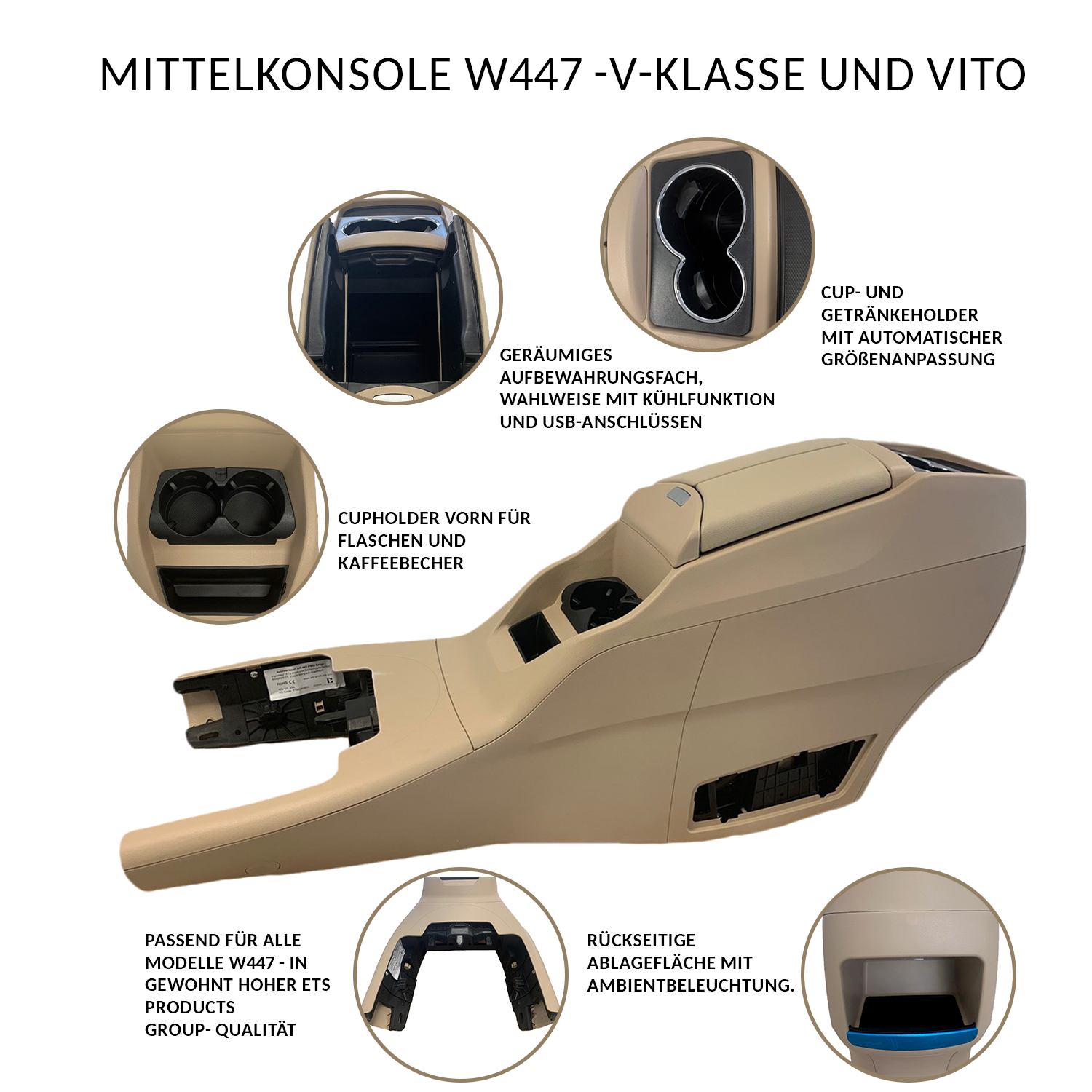 Staufach Mittelkonsole für Mercedes Vito / V-Klasse W447 mit LED  Beleuchtung USB und Induktion, Vito W447, Mercedes, Mittelkonsole, Interior